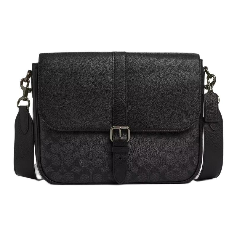 

COACH WARNER 31 Silver Hardware Detachable Shoulder Strap Coated Canvas Shoulder Crossbody Bag Large Men s Charcoal and Black чорний