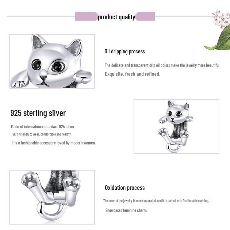 Yinziyun S925 Silver Cat DIY Bracelet Beads - Cute Animal Charm (BSC208)