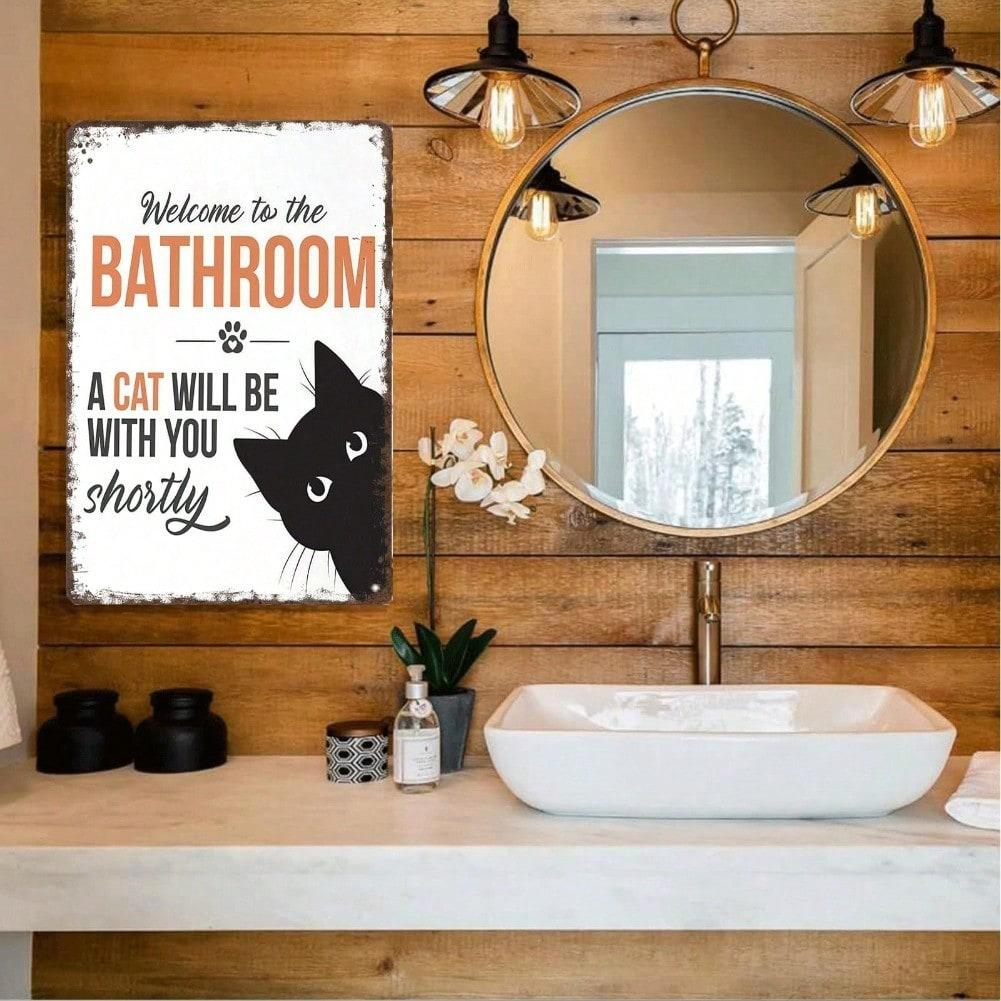 Funny Cat Bathroom Metal Sign Vintage Black White Retro Tin Poster 8x12 Inch Wall Decor