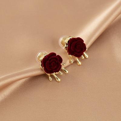 Wine Red Velvet Rose Vintage Earrings Fashion Elegant Mosquito Coil Ear Clip Without Ear Holes
