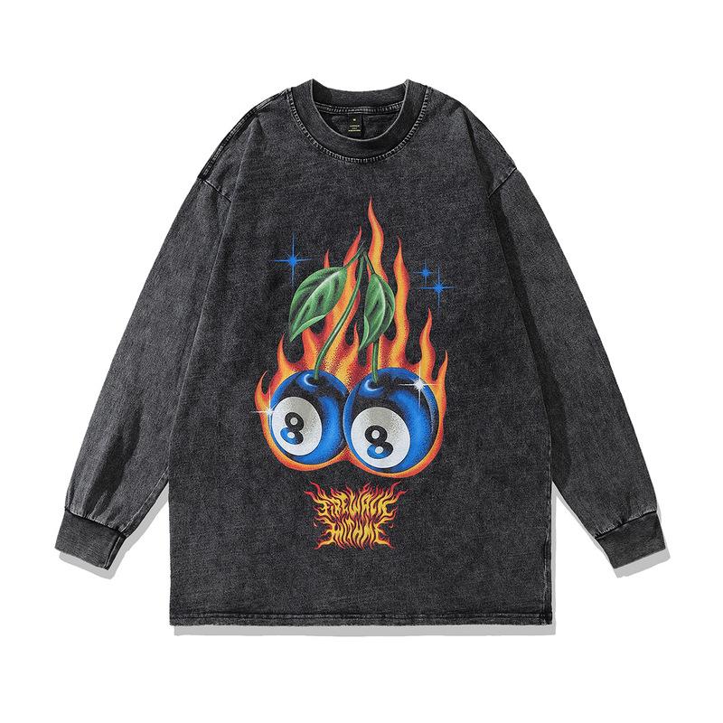 Trendy Brand Men'S High Street Personalized Printing Long-Sleeved T-Shirt Retro Pure Cotton Crew Neck Sweater For Men And Women