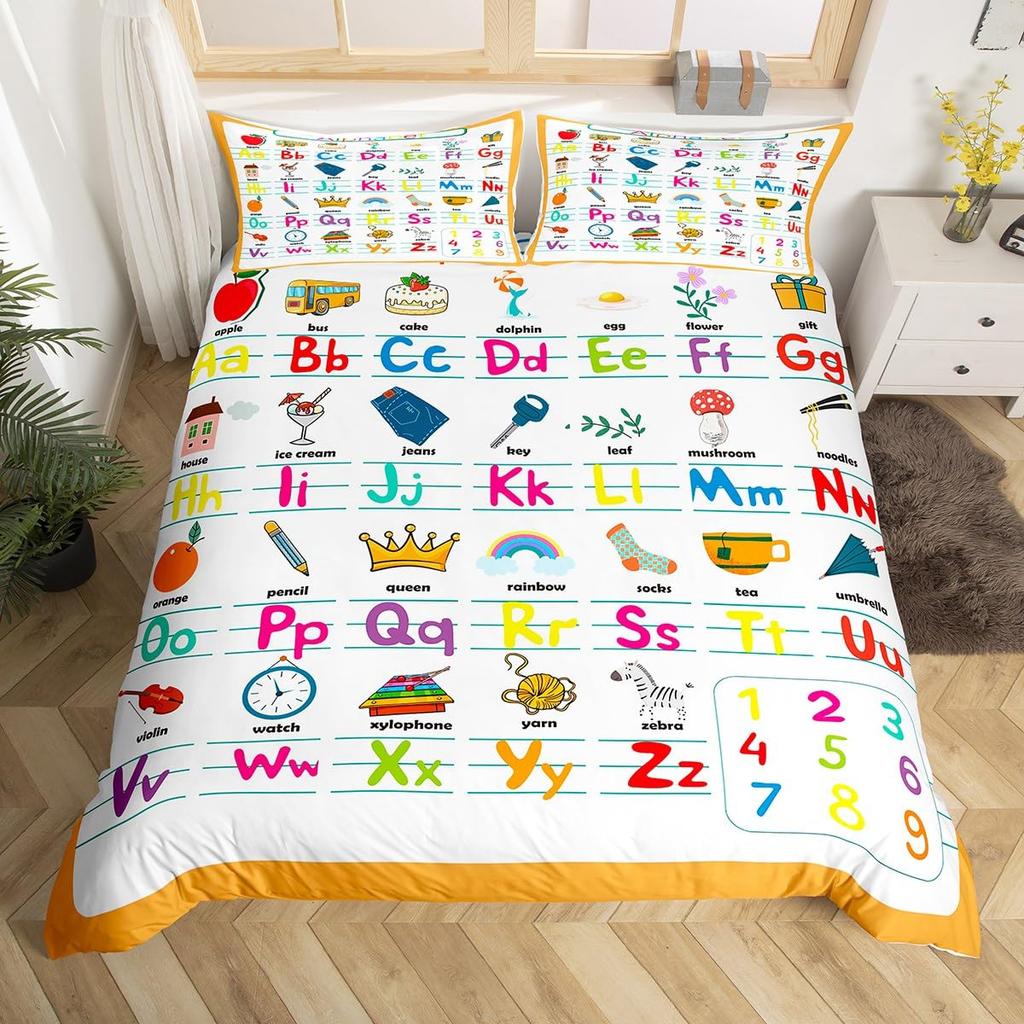 Outer Space Planet Galaxy Duvet Cover Twin King Kids Cartoon Bedding Set ABC Alphabet Learning Comforter Cover with 2 Pillowcase