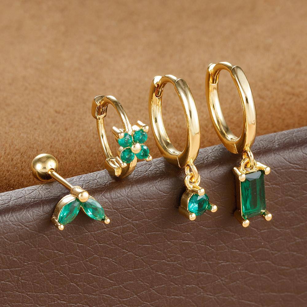 4PCS Fashion Green Crystal Zircon Stainless Steel Hoop Earrings Set For Women Daily Versatile Square Earring Piercing Jewelry