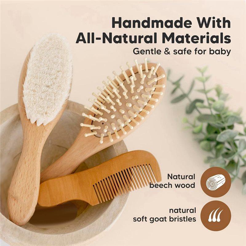 ABBP-Baby Hair Brush Set For Newborns - Soft Goat Bristle Wooden Baby Brush And Comb Set Newborn Grooming Kit