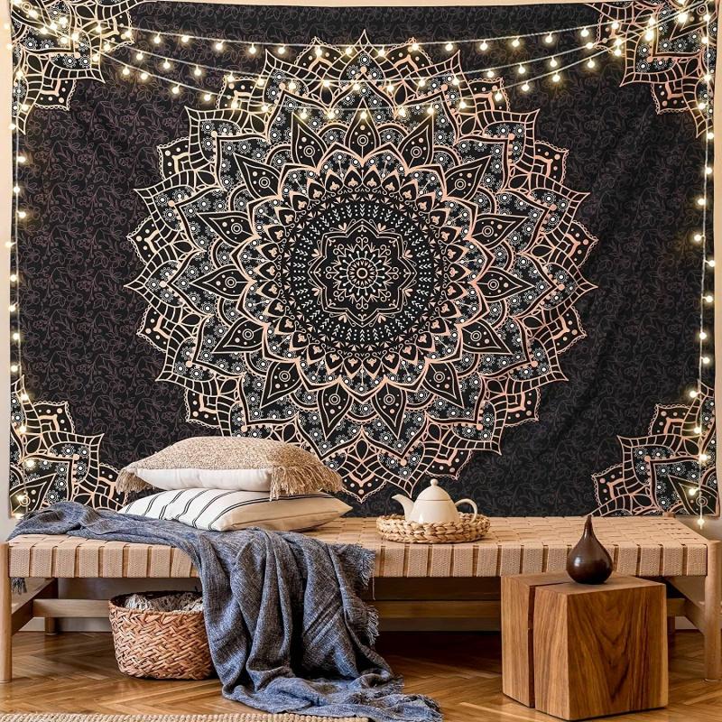 VIKAMA Mandala Böhmisches Wandteppich Exquisite Schwarze Blume Wandbehang Dekoration Schlafzimmer Wohnzimmer Meditationsraum Dekoration