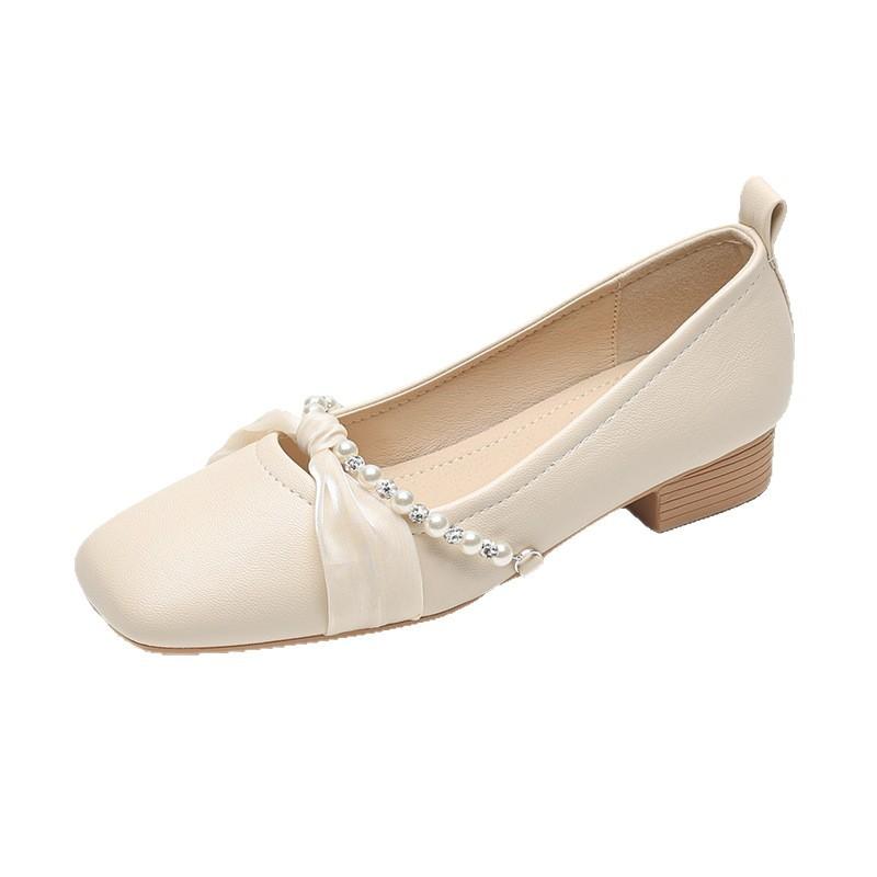 Elegant temperament square head beaded thick heel Mary Jane 2025 new lazy one-pedal soft-soled shallow mouth commuting shoes