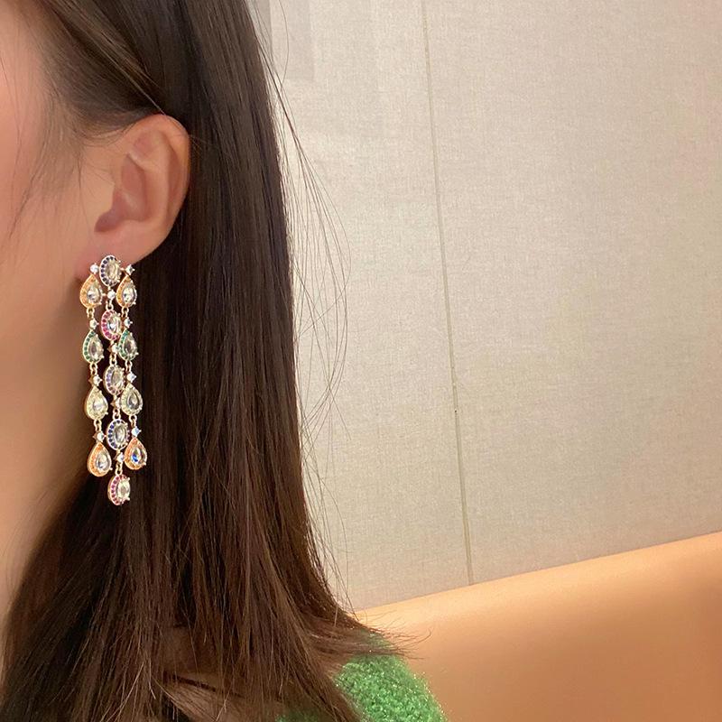 925 Silver Needle Stud Earrings Boho Beads Multicolored Cubic Zirconia Sparkling Earrings Long Dress Wedding Accessories Gifts
