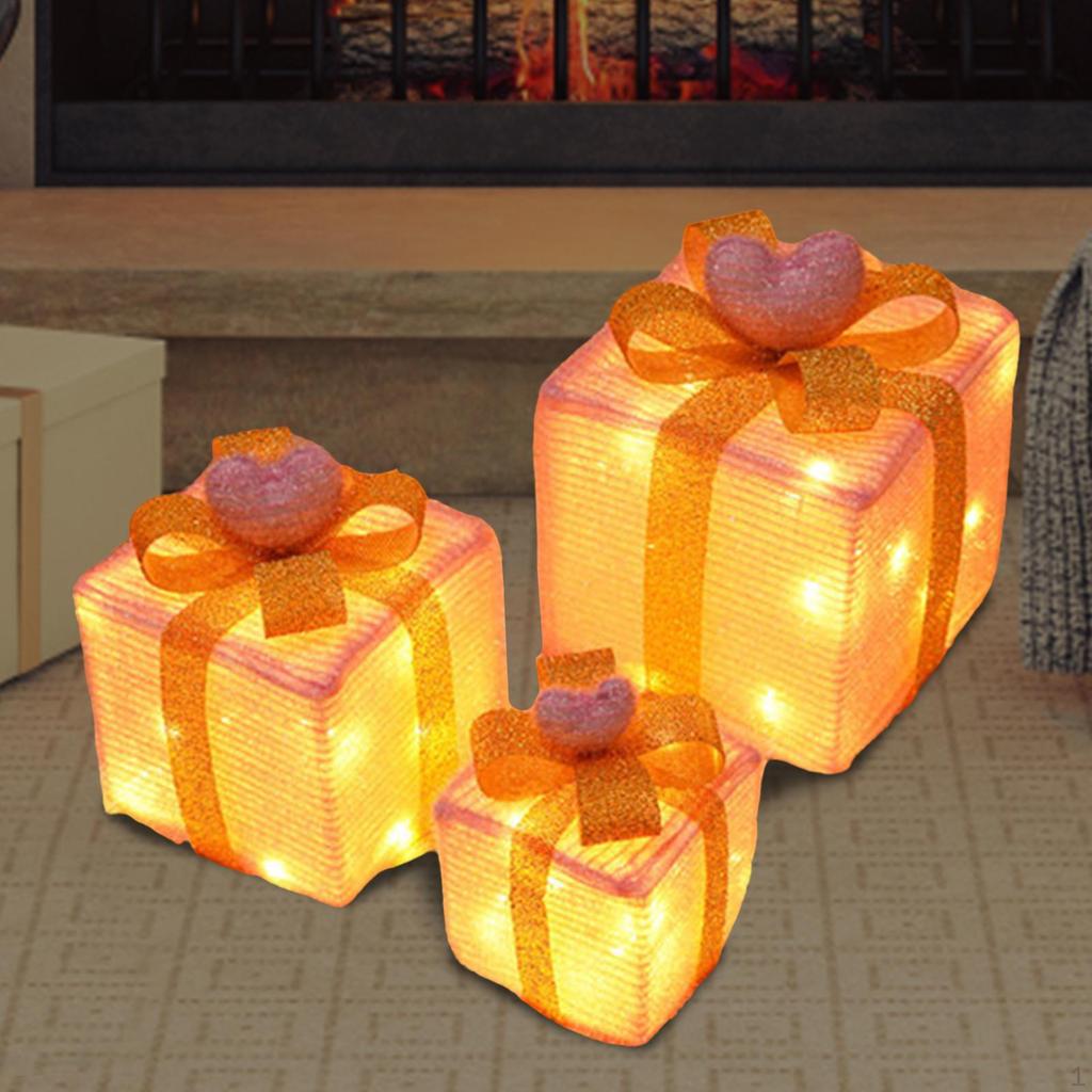 3 Christmas Lighted Gift Boxes Decorations with Bow, Light up Present