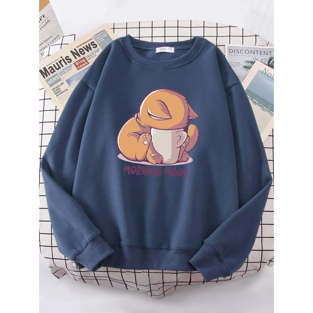 Cat Is Looking At The Cup Lovely Sweatshirt Female Fashion Fleece Hoody Crewneck Casual Hoodies Pullover Oversize