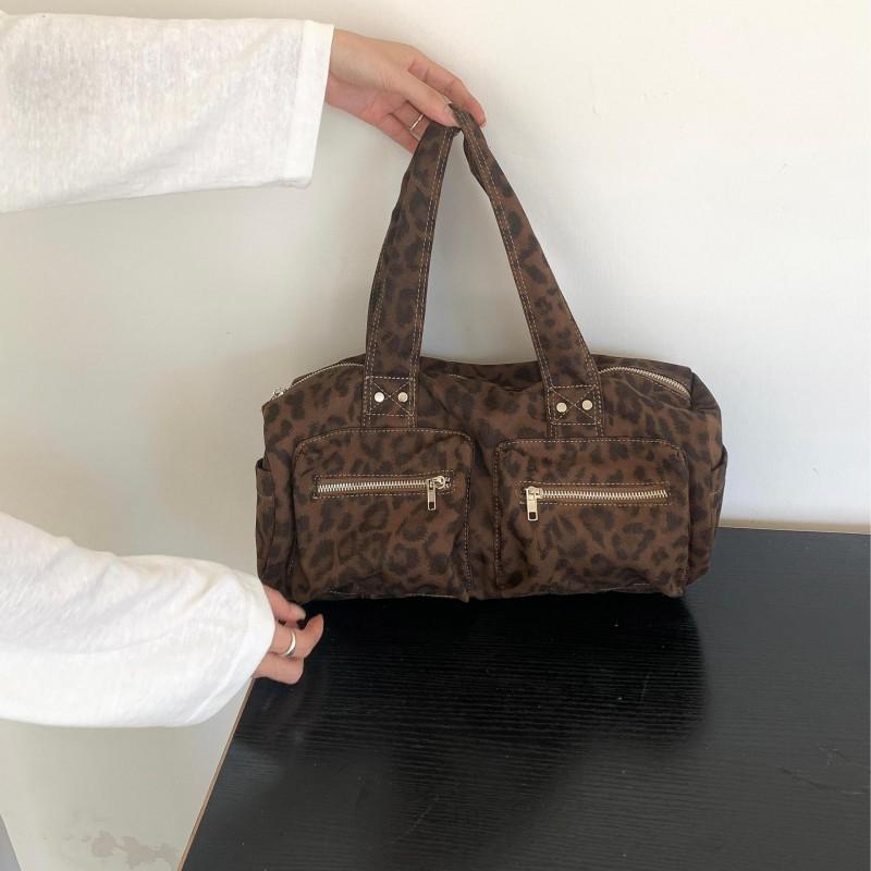 Cylindrical Leopard Print Bag Retro Multi-mouth Handbag Large Capacity Korean Niche High-end Shoulder Women