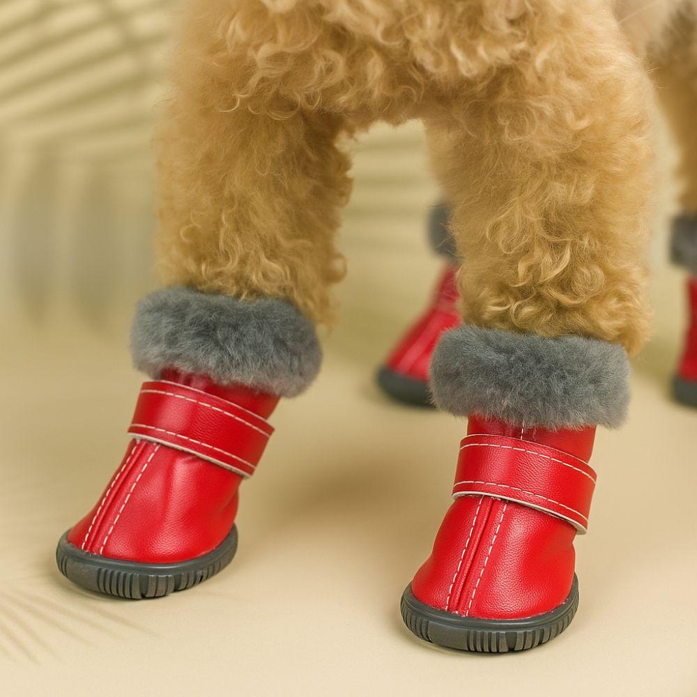 4PCS Rubber Soles Winter Pet Dog Shoes Plush Dog Fleece Shoes Dog Snow Boots  Outdoor Use