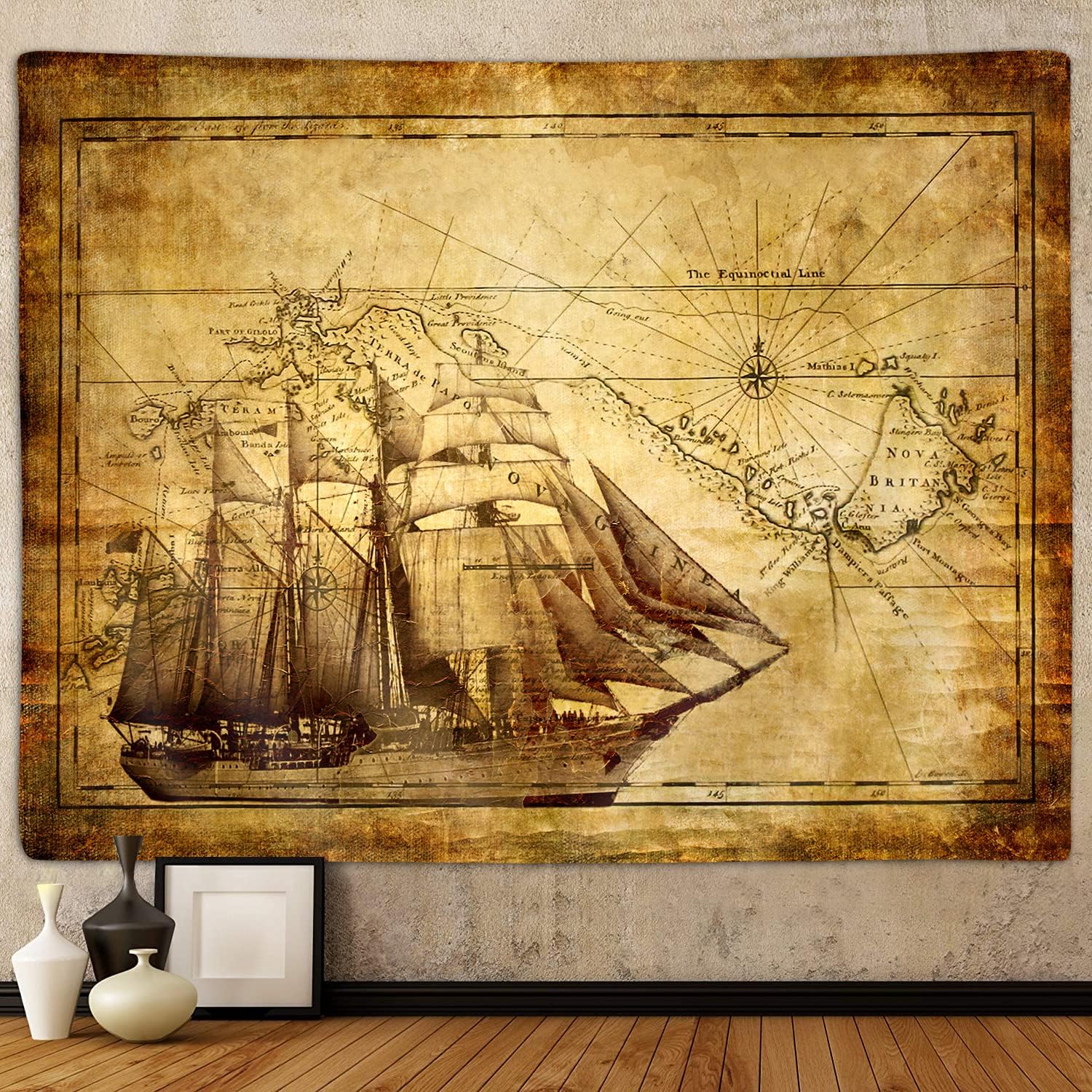 Tapestry old map ancient sea pirate treasure 75x100