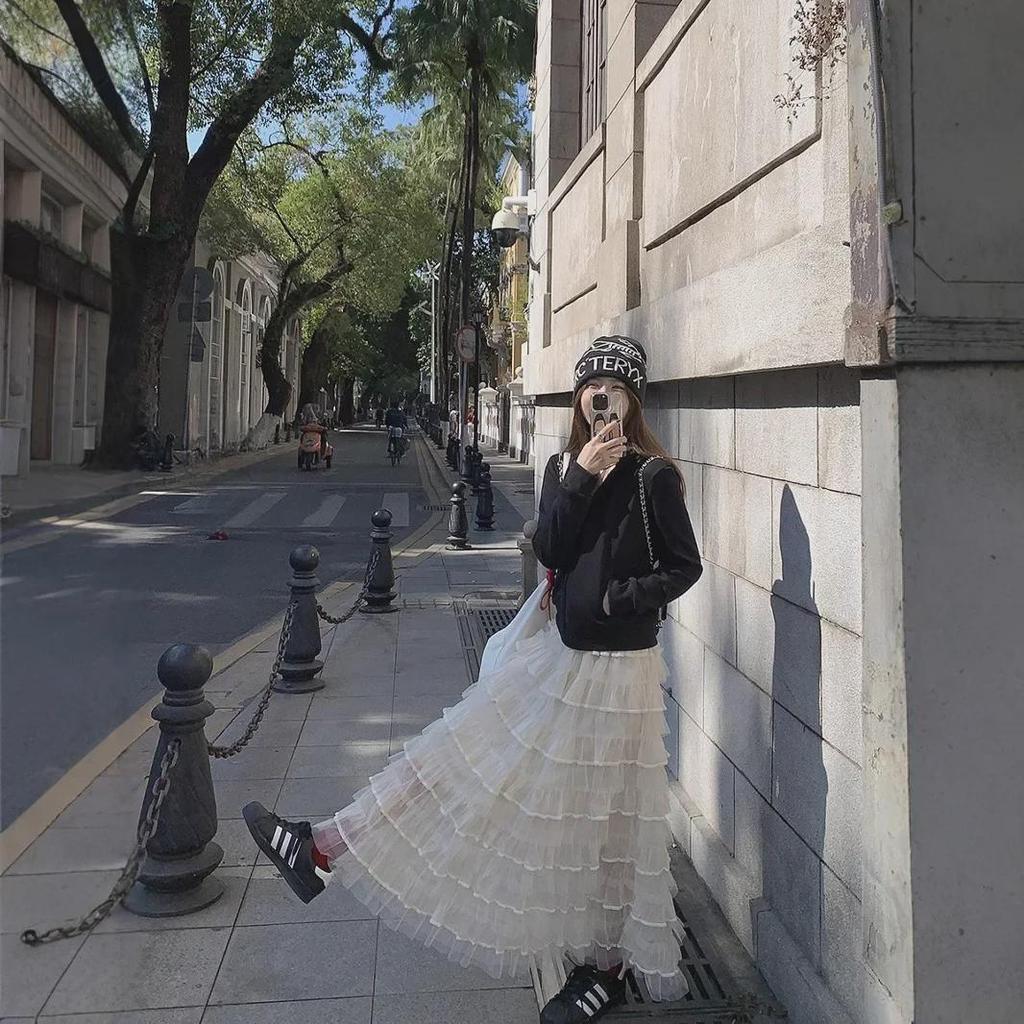 Women's High-Waist A-Line Mesh Cake Skirt - Spring/Summer 2025 French Gentle Style
