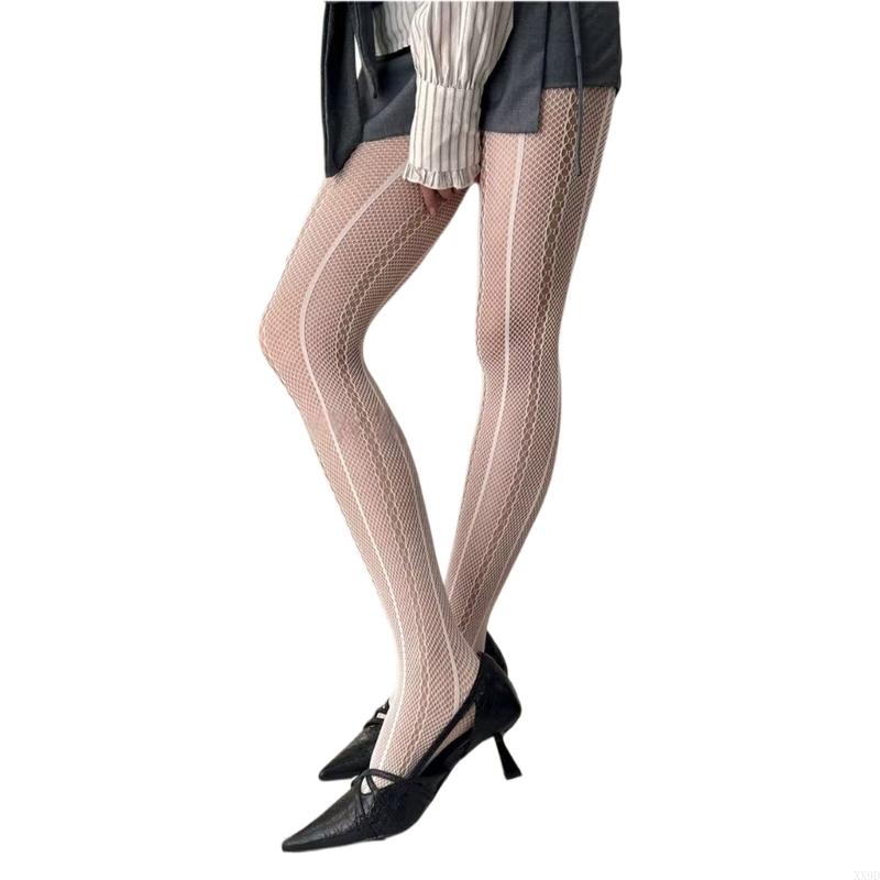 Womens Japanese Hollowed Out Tights Stockings Aesthetic Vertical Striped Patterned See Through Mesh Pantyhose