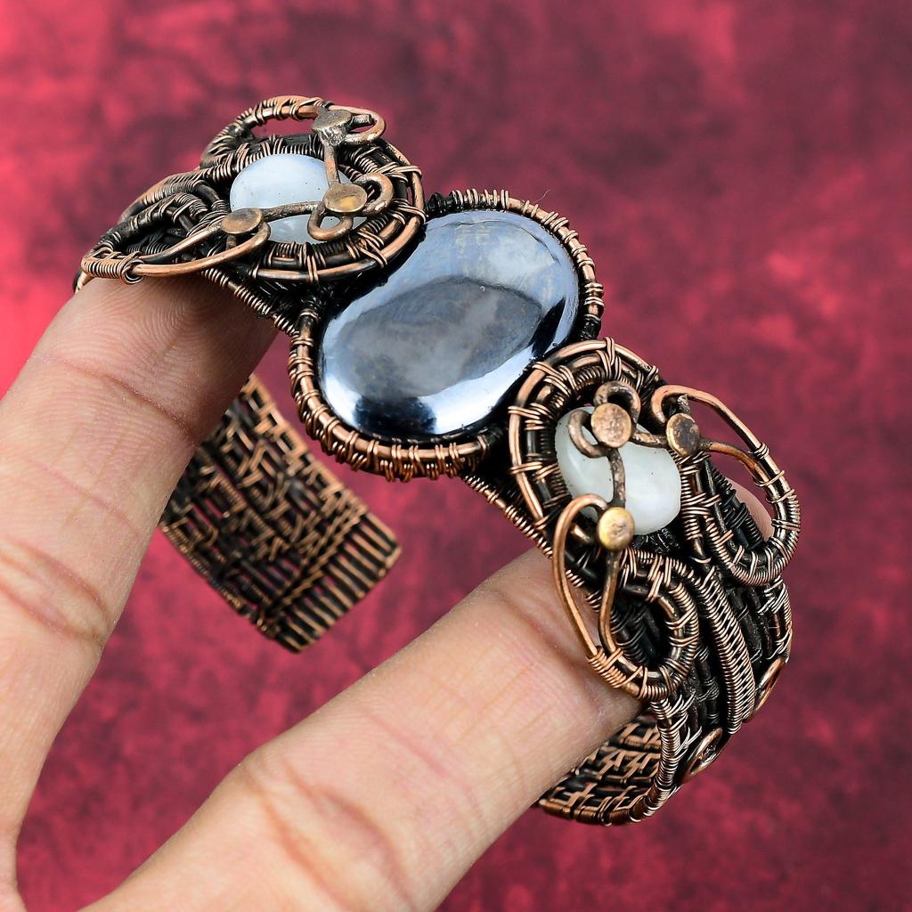 Shungite Bangle Copper Wire Wrapped Adjustable Cuff Bracelet Rainbow Moonstone Bracelet Handmade Gemstone Bangle Copper Jewelry Gift For Mom