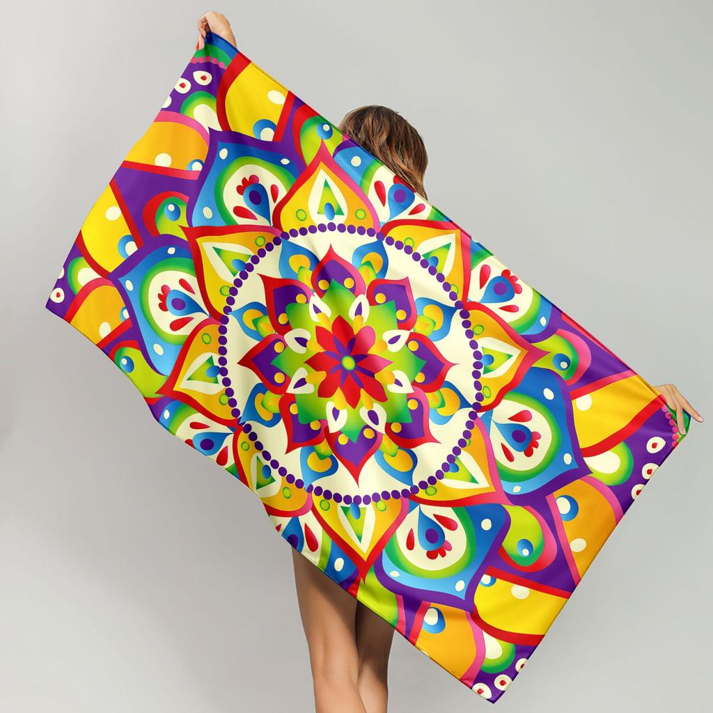 Boho Mandala Ethnic Style Bright turquoise base multicolor symmetric mandala geometric boho print quick dry large beach towel