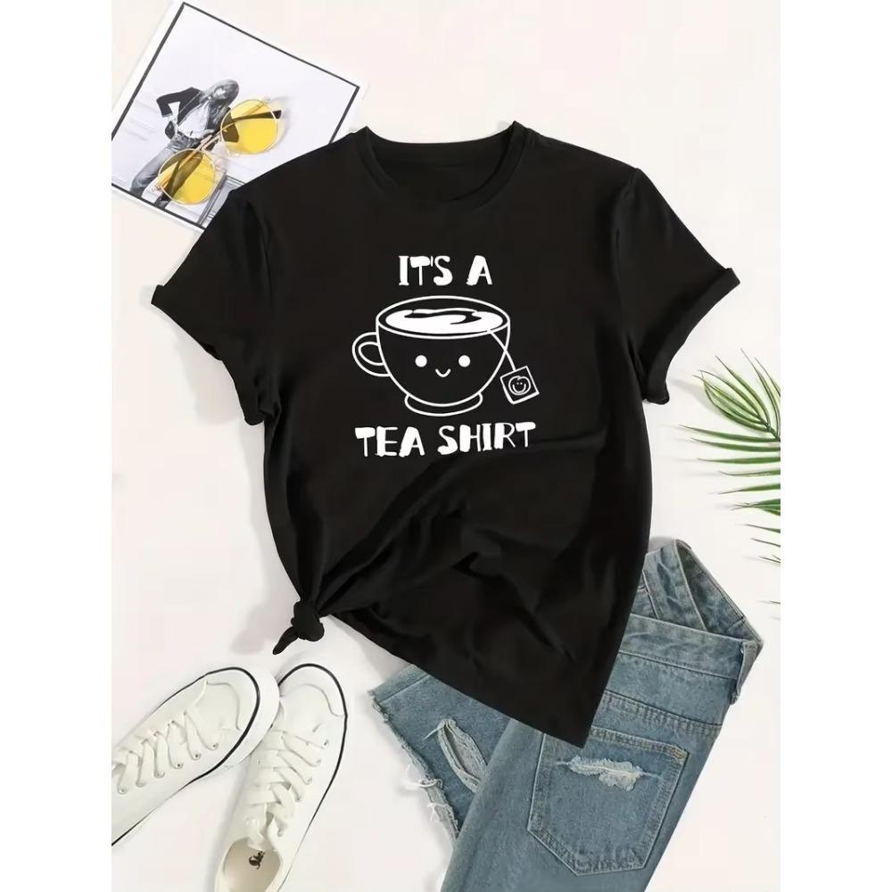 

Футболка большого размера для женщин с рисунком чая и букв, с коротким рукавом и круглым вырезом, слегка эластичная XXXXXL чёрный