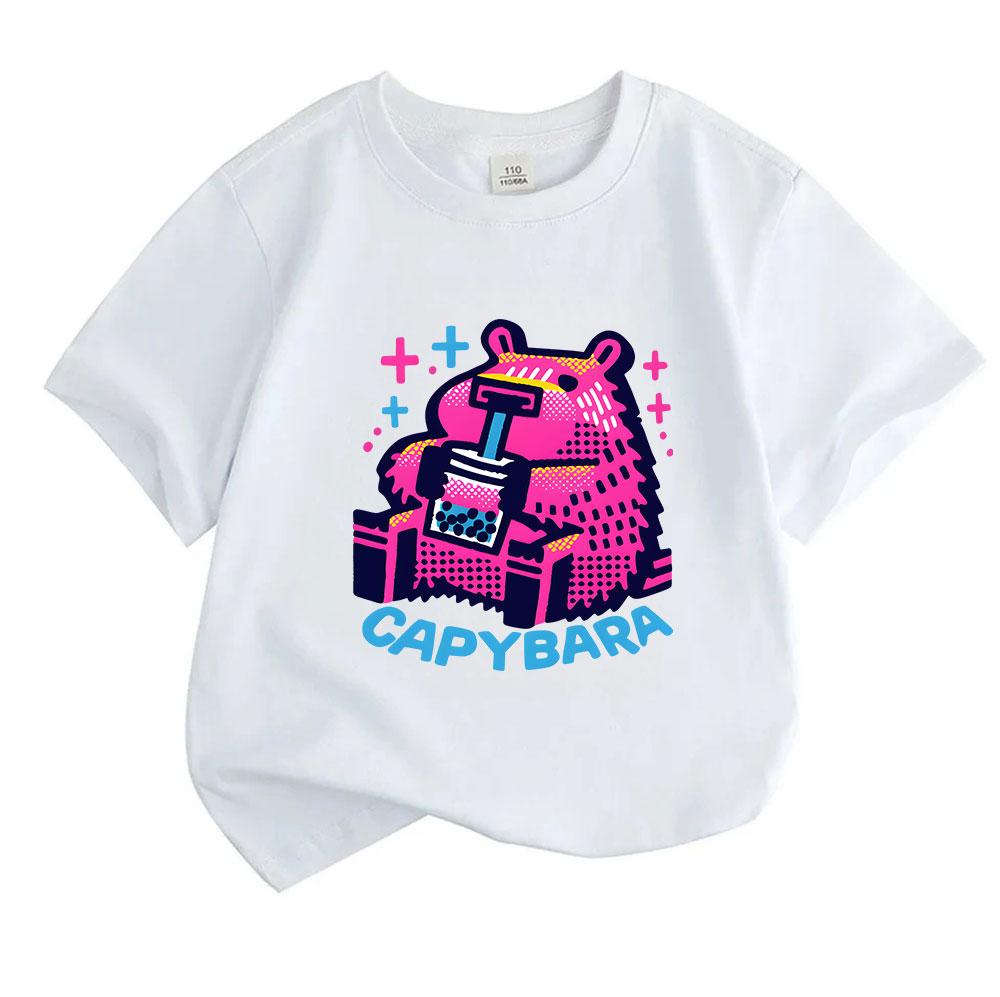 Kids Boys Girls 100% Cotton Crew Neck Short Sleeve T-Shirt, Cute Neon Capybara Bubble Tea Print Casual Soft Breathable Summer Tee Tops for Daily Wear