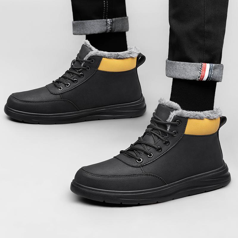 Fashion Fashion Men Lace-Up Boots Men's Outdoor Shoes Genuine Leather Men Winter Plush Snow Boots Male Comfortable High Top Casual Flats