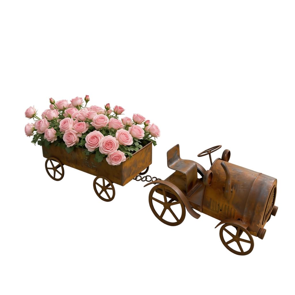 Rustic Tractor Planter Garden Decoration Outdoor Metal Flower Pot with Wagon Trailer for Patio Lawn Yard Display