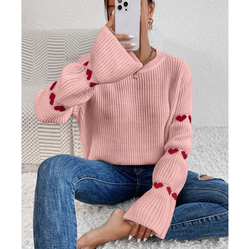 Autumn and winter European and American sweater for women, loose long-sleeve elbow heart pullover crew neck knit top for women