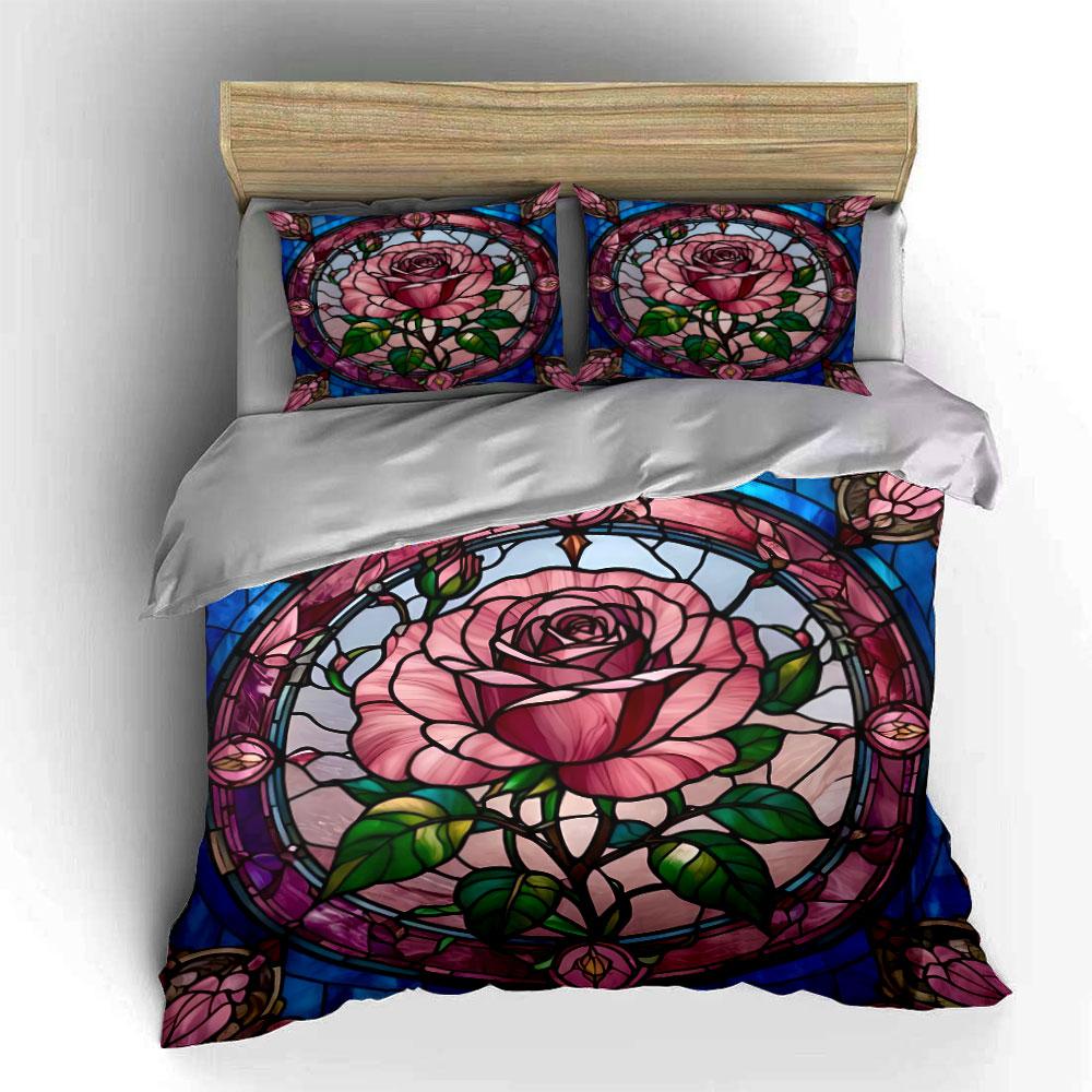 "Stained Glass Rose Decorative Set" Bedding Set with 1 Duvet Cover 2 Pillowcases Single Double King Queen, Gift