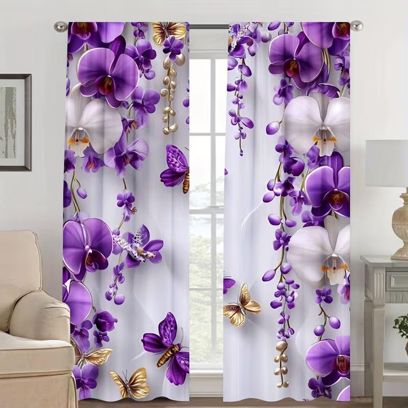 2 Pcs Butterfly Orchid Print Curtains,suitable for Bedroom,living Room Kitchen Decoration,home Decoration,window Decoration