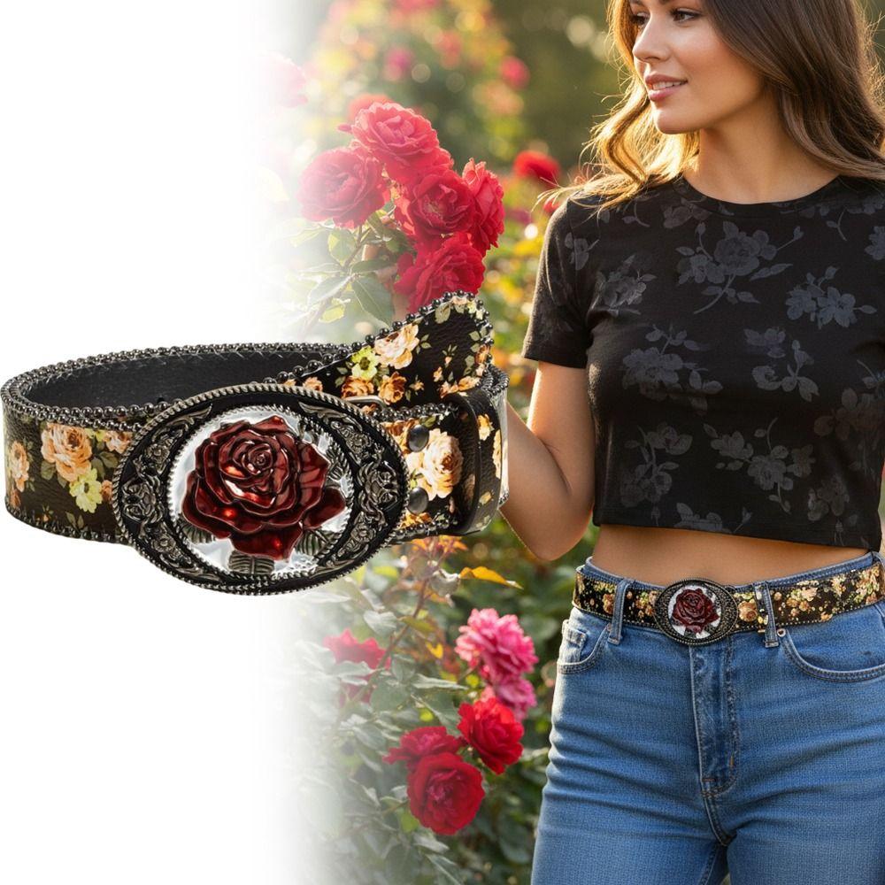 Border Bead Carved Metal Buckle Belt Bohemian Style Retro Rose Flower Belt Women's Accessories