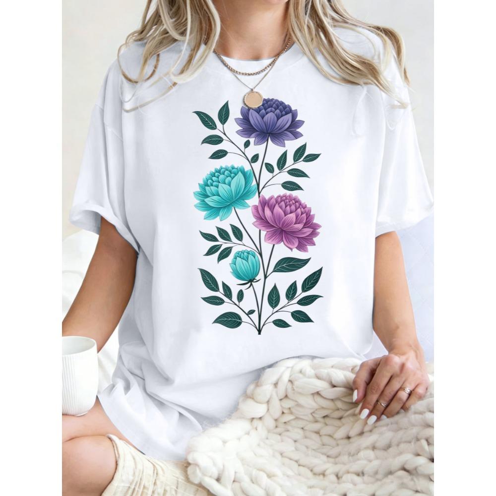 Aesthetic Flowers Branches Design Women T Shirt Oversized Casual Crewneck Top Cotton T-Shirt Breathable Y2K Clothing