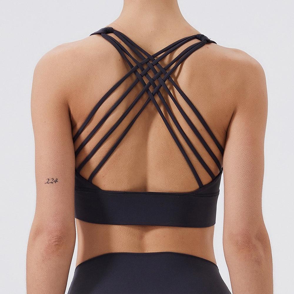 Women's High Elastic Criss-Cross Back Sports Bra - Nude Feel for Yoga and Running