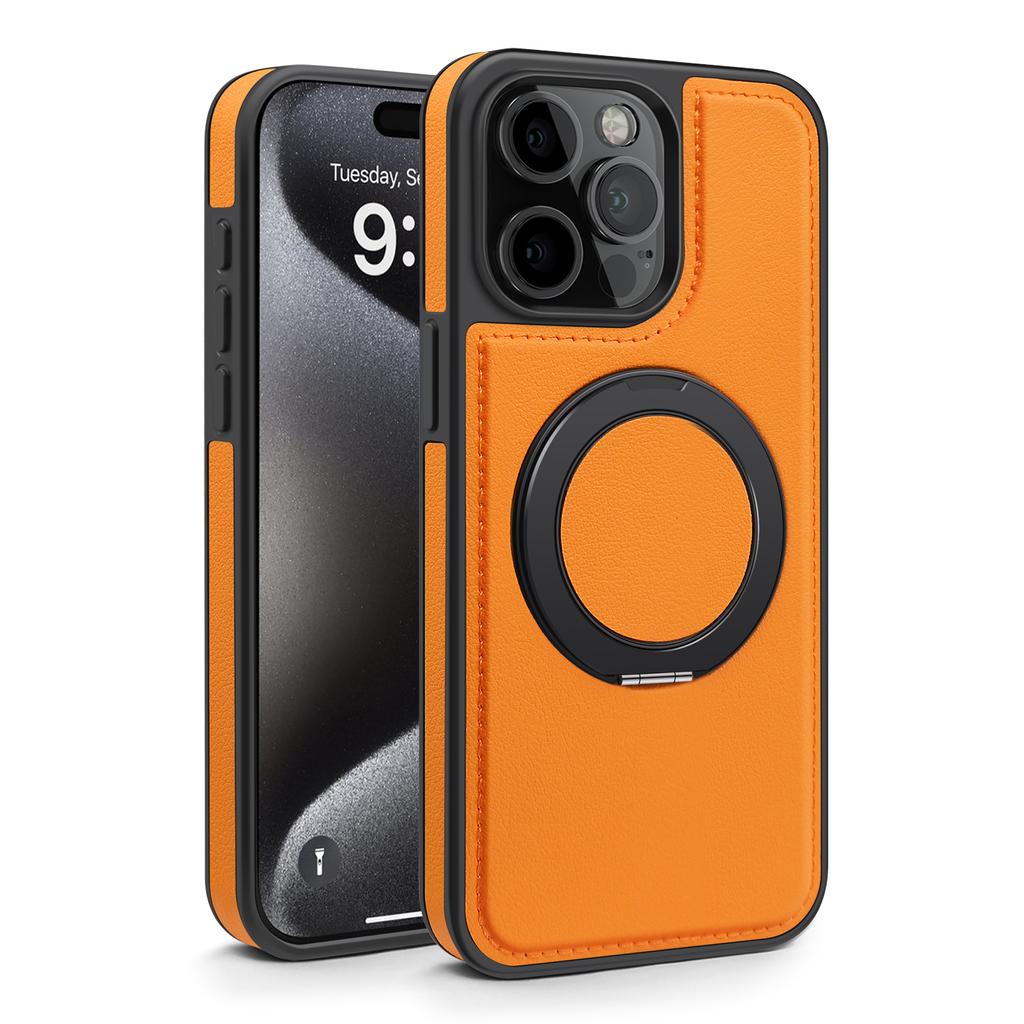 For iPhone 15 Pro Case with Ring Kickstand Compatible with MagSafe PU Leather Back Cover