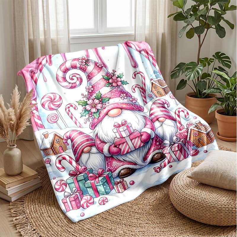 Pink Candy Christmas Gnomes Theme Blanket Lightweight Warm Flannel Blanket Decorative Throw Blanket for Home Decoration