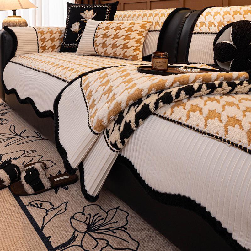 High-End Fluffy Houndstooth Patchwork Sofa Cushion - Non-Slip Seat Cover 2026