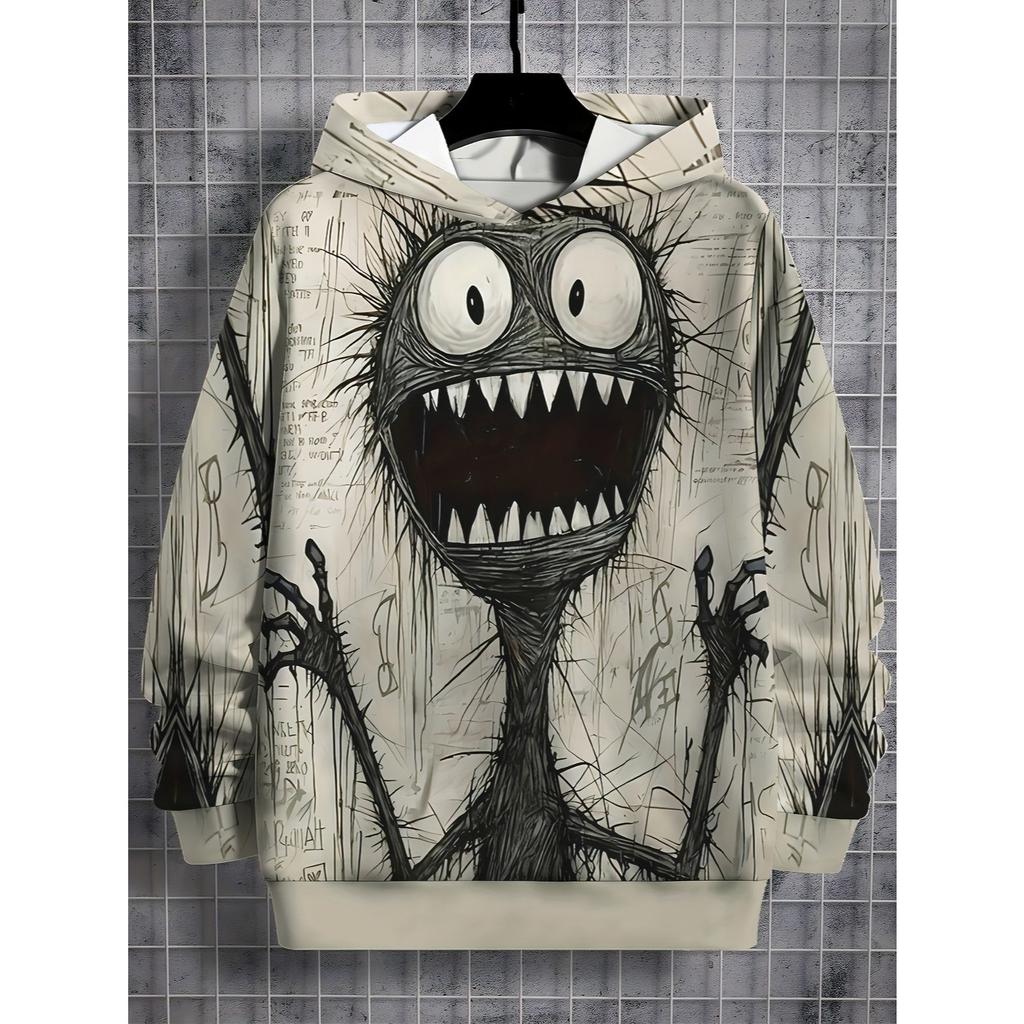 Boys' playful cartoon face hoodie - comfortable polyester blend, casual long sleeved pullover, unique digital print