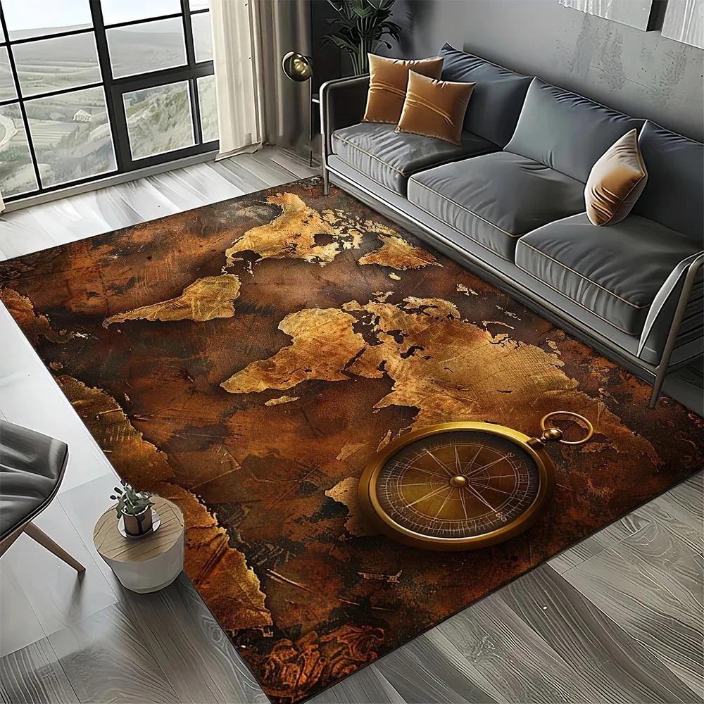 Vintage Nautical Map Rug with Sea Monsters Sailing Ships Retro Ocean Adventure Carpet Soft Durable Living Room Bedroom Decor