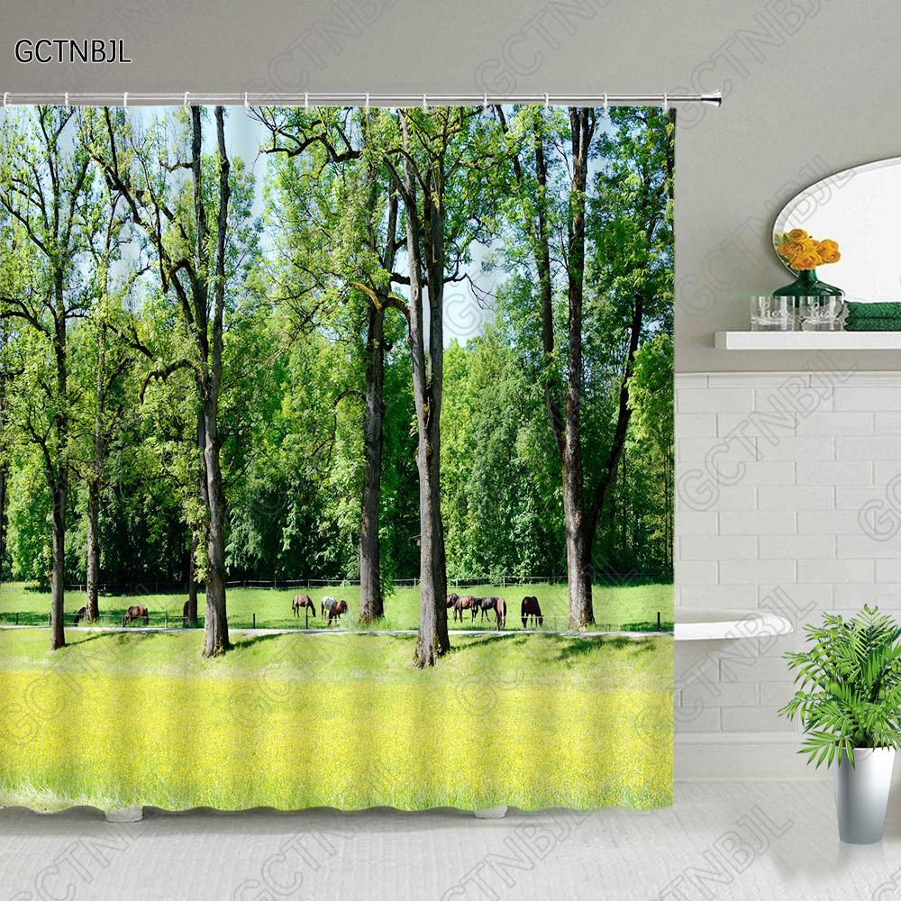 Forest Landscape Shower Curtains Green Tropical Plant Palm Tree Flower Leaves Garden Natural Scenery Bathroom Decor Bath Curtain