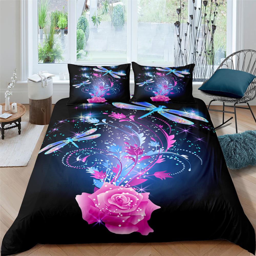 Lenjerie de pat fluture fluorescent, Huse de plapumă și fețe de pernă din puf pentru fete și doamne 2/3 piese King Queen Bed Set de husă de plapumă cu imprimeu 3D Cadou