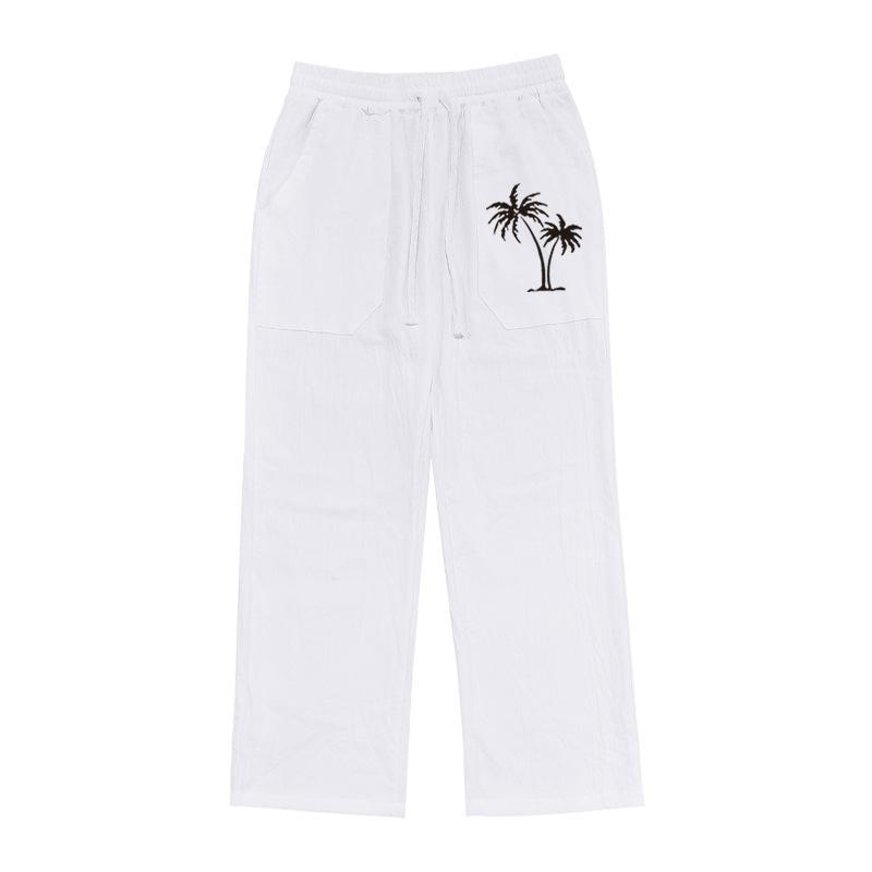 New fashion casual beach trousers men's coconut tree print cotton and linen loose trousers