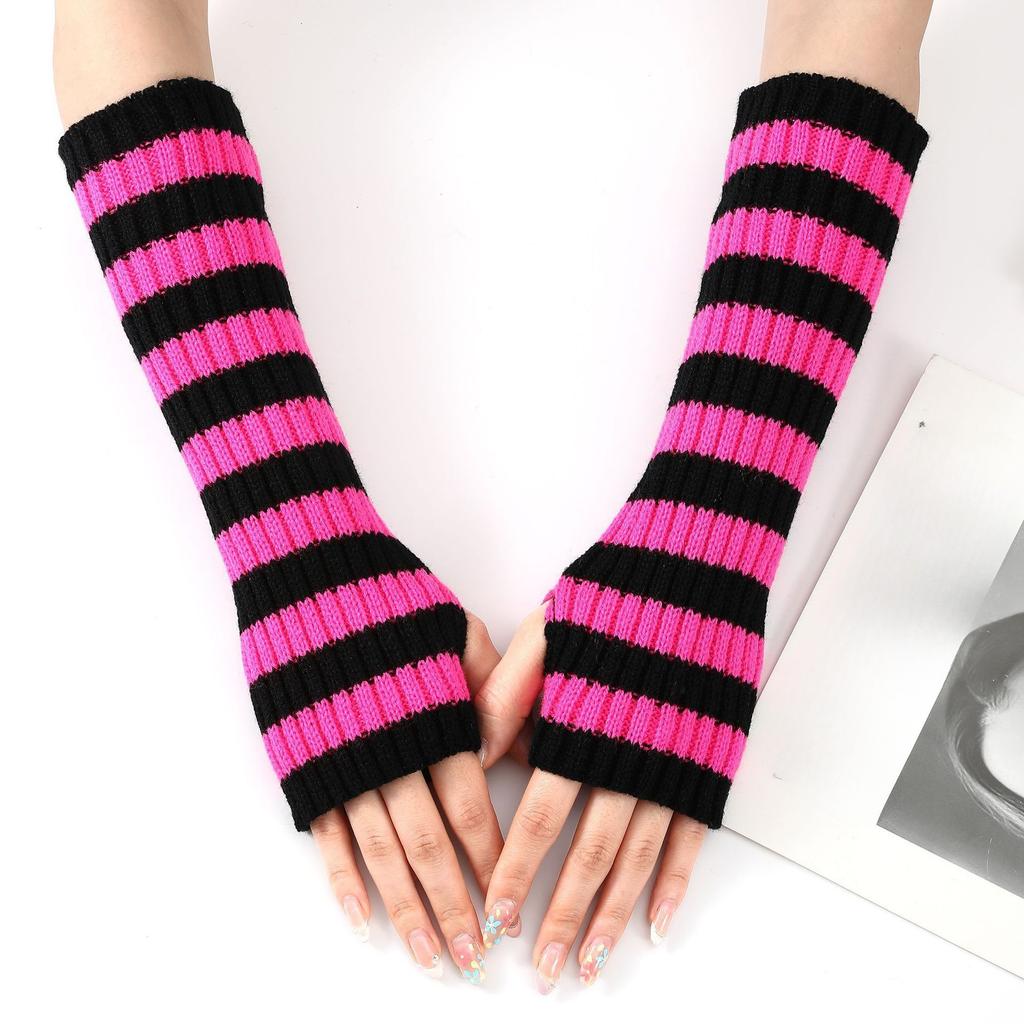 Multicolored Striped Woolen Gloves for Autumn and Winter Mid Length Fingerless Warm and Fashionable Knitted Arm Sleeves for Women