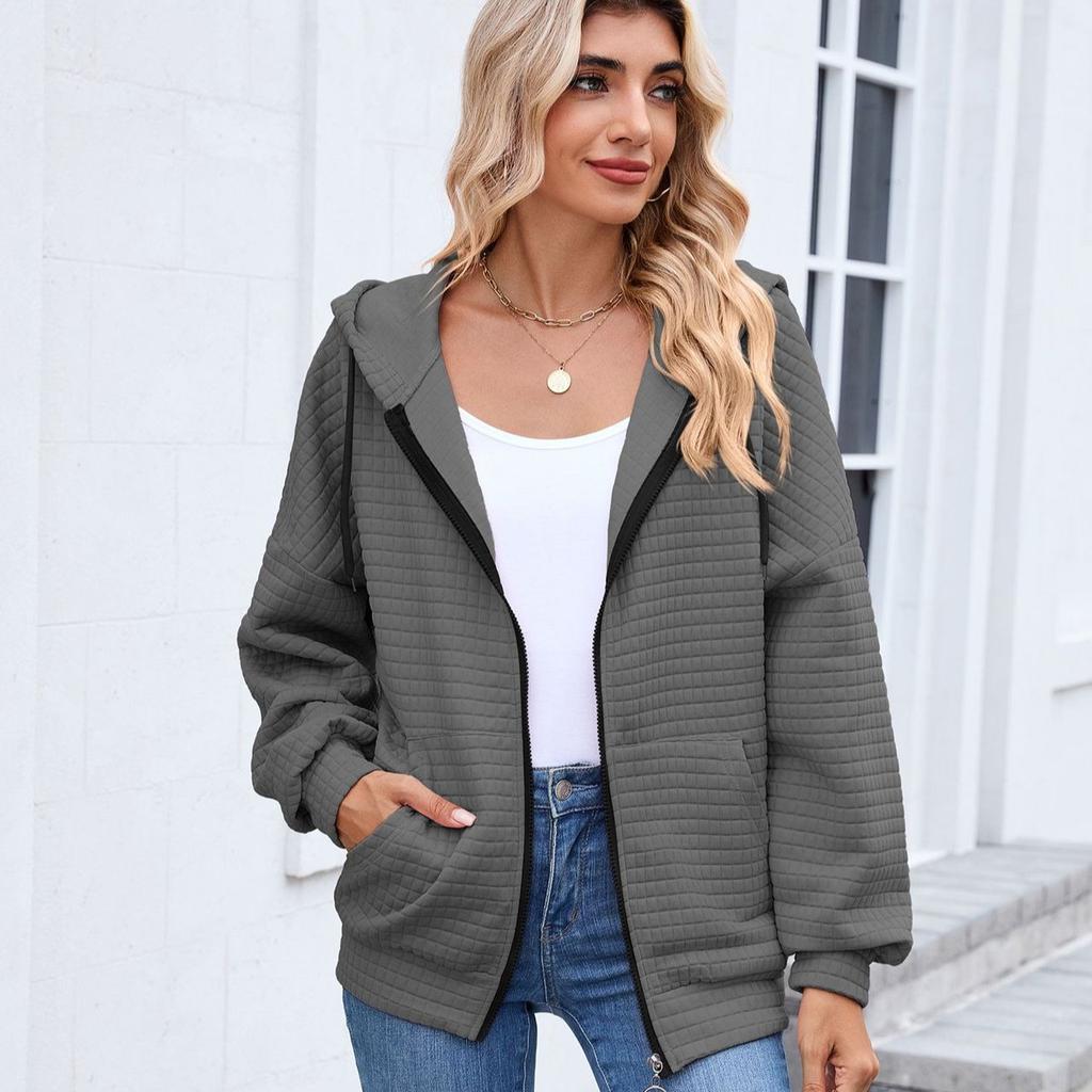 European and American-style Women's Solid Color Zip-up Long-sleeve Hooded Sweatshirt/jacket for Fall and Winter