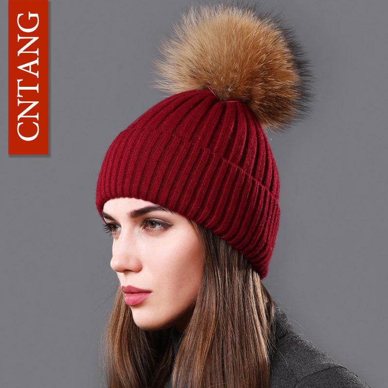 Classic Multiple Styles Women Beanie Winter Warm Fashion Raccoon Fur Pompom Hats Knitted Wool Cap Clearance Cheap High Quality