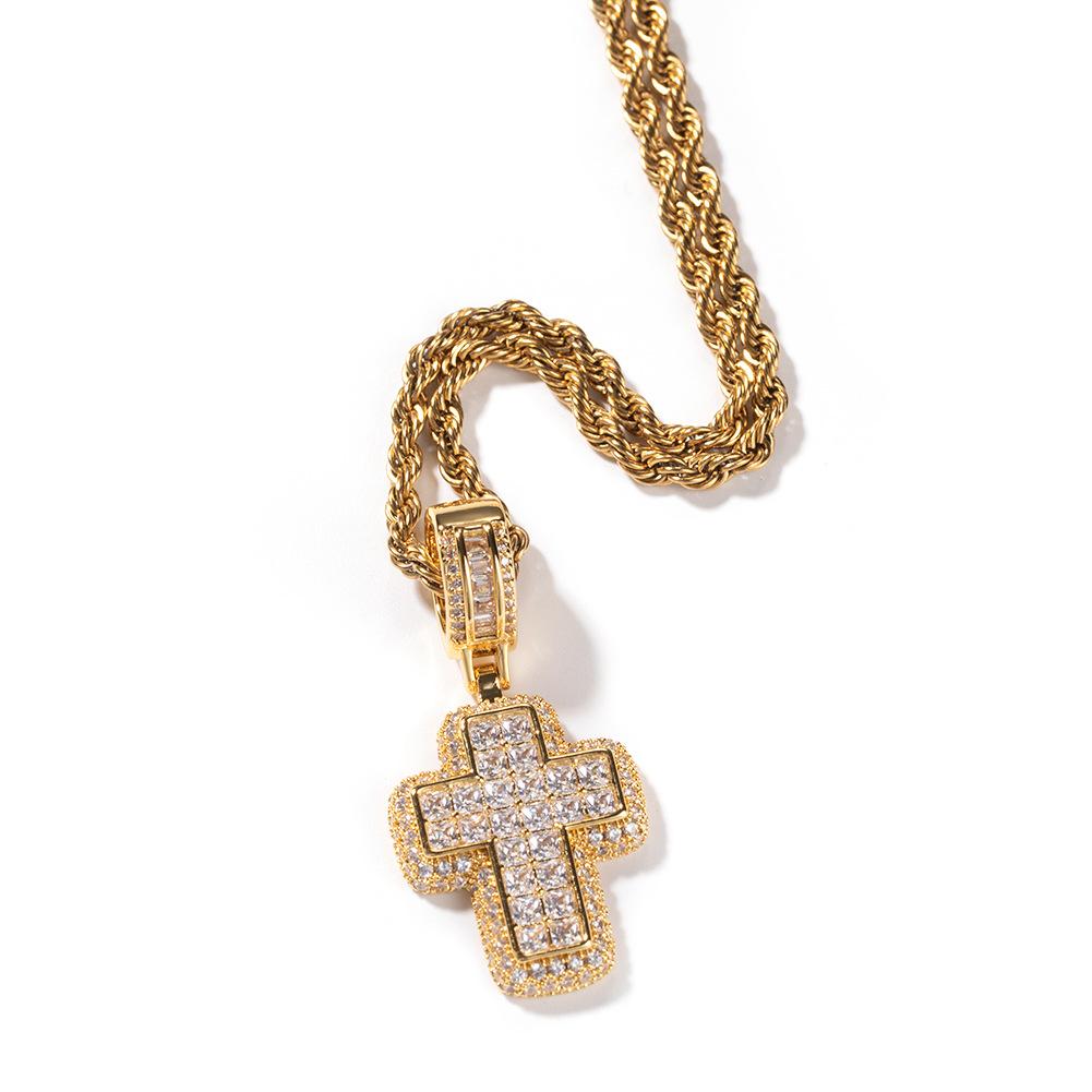 Hip hop T square cross pendant necklace copper inlaid zircon street trend brand niche