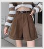Pantaloni scurți A-line din catifea reiată maro cafea cu talie înaltă pentru femei, pentru toamnă și iarnă