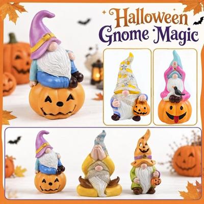 Garden Gnome Statue Halloween Decoration Resin Gnome Figurine Sitting Pose Pumpkin Elf Ornament Outdoor Indoor Display
