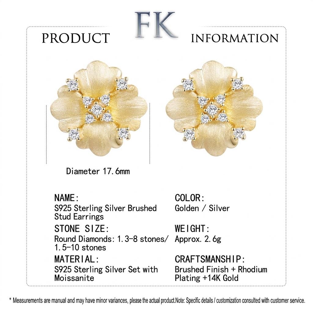 S925 Sterling Silver Flower Moissanite Stud Earrings 14K Gold Plated Brushed Finish Fine Earrings Jewelry for Women