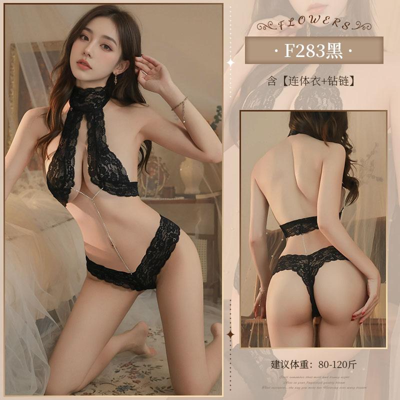 Sexy Lingerie New Neck Removable Rhinestones Sexy Women's Onesie Perspective Lace