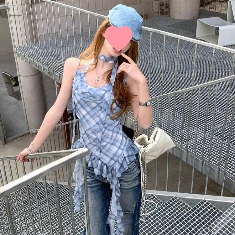 Korean Chic Plaid Camisole with Ruffles and Ribbons – Women's Sleeveless Summer Top