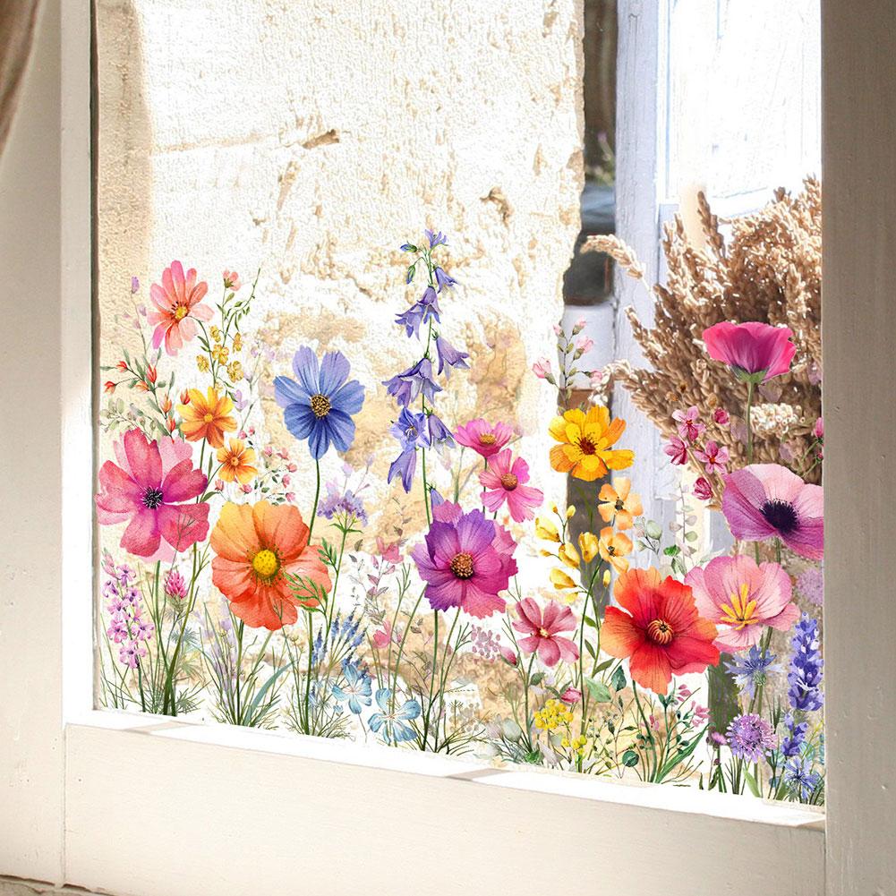 Dubbelsidig väggdekal med färgglada blommor, fjärilar, elektrostatisk lim, fönsterglas, synlig dekorativ väggdekal