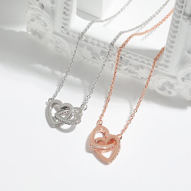 Heart Shaped Double Ring Interlocking Clavicle Chain, Japanese and Korean Niche High-end Feel Ring Interlocking Necklace