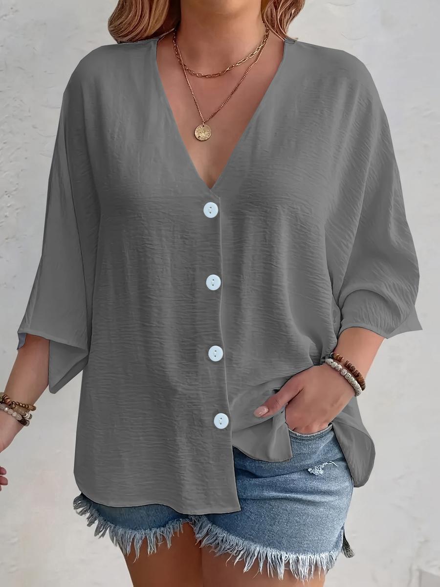 

Women s Spring Summer Plus Size Solid V-Neck 7/8 Sleeve A-Line Loose Fit Shirt 3XL сірий колір